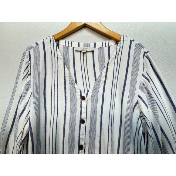 Loft Womens Linen Blend Button Up Shirt Size L White Blue Striped Casual Summer - Picture 4 of 12